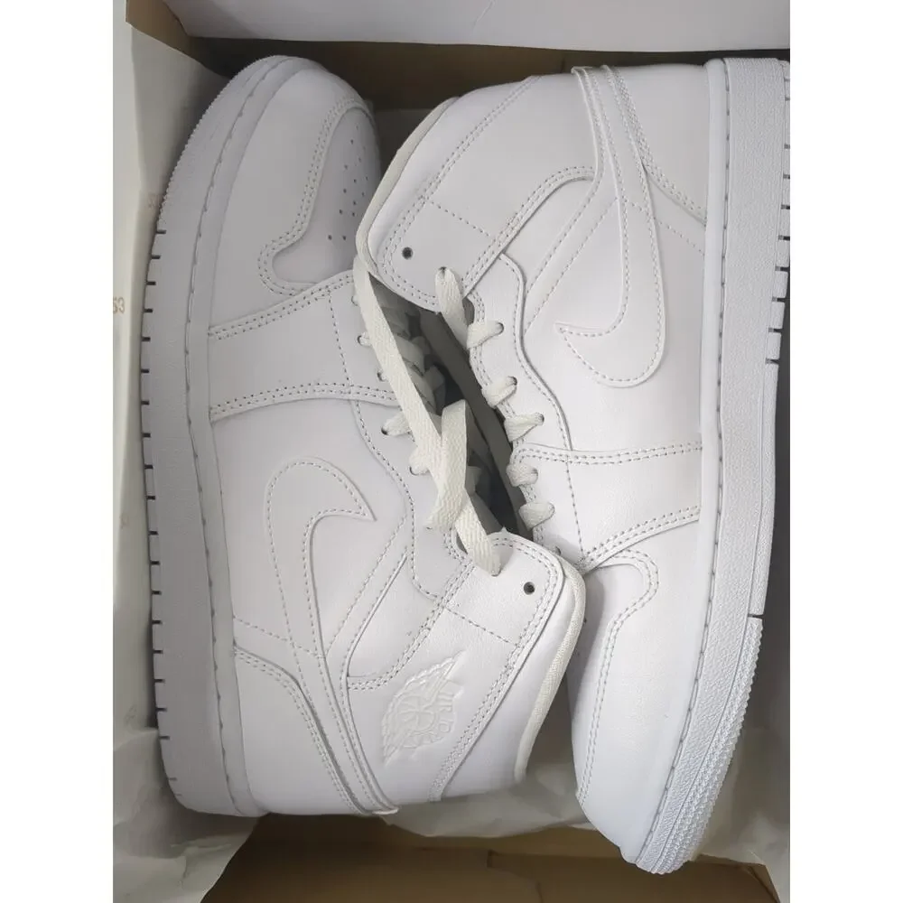 Nike WOMEN Air Jordan 1 Mid Triple White Women White Leather‎ Size 10.5